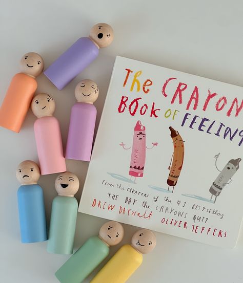 💛Helping little ones express their feelings one colorful peg doll at a time💛 Our gift set includes The Crayons’ Book of Feelings paired with hand-painted peg dolls showing different emotions. Available on Etsy Link in bio #learning #feelings #emotion #pegdolls #books #preschool #prek #kindergarten #handpainted #montessori #homeschoolmaterial #montessoritoddler #colors #giftset #gift Painting Wooden Peg Dolls, Peg Doll Stories, Wood Peg Dolls Diy, Clothes Peg Crafts, How To Paint Peg Dolls, Emotion Symbols, Peg Dolls Ideas, Peg Dolls Diy, Crayon Book