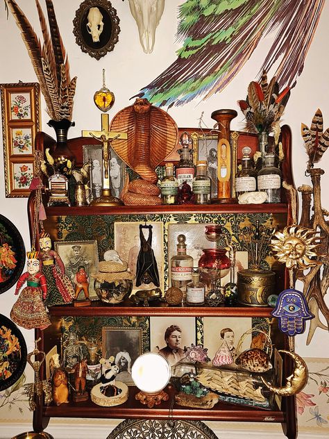 Sacred Space Altar, Mid Century Eclectic, Pirate Room, Witchy Room, Curio Shelf, Curiosity Cabinet, Forest Decor, Curiosity Shop, Cabinet Of Curiosities