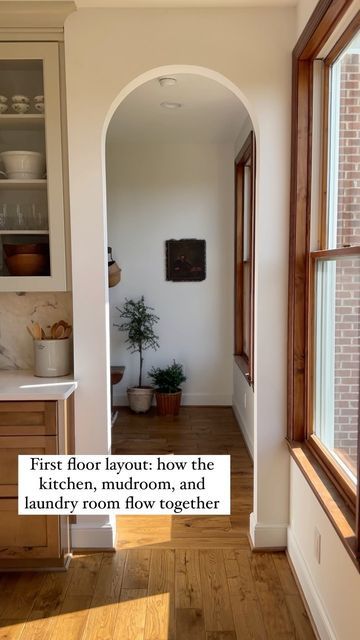 Jade Lundgren on Instagram: "Directly behind the kitchen, through the arches, is the mudroom (still a work in progress) which connects to the laundry room. I tied in elements from the kitchen that I love and added some fun elements that I didn’t get to include in the kitchen. The laundry room is small, but the layout makes pretty great use of every square inch. And P.S.- the song for this reel is super special. It was written by some friends of mine @jordanmerritt @travisryan and @peopleandson Laundry Off Kitchen, Hallway Laundry Door Ideas, Kitchen To Laundry Room Transition, Archway Into Kitchen, Drop Zone In Kitchen, Arch Into Kitchen, Mudd Room Ideas, Room Off Kitchen, Dutch Kitchen