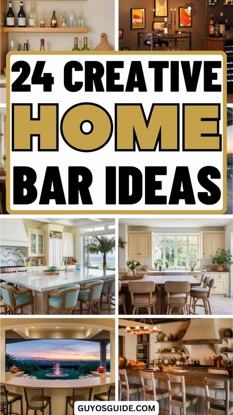 24 Creative Home Bar Ideas Kitchen Wall Bar Ideas, Small Bar Seating Ideas, Bar Rooms In House Ideas, Coastal Bar Design, Diy Bar Decor Ideas, Liquor Bar Ideas, In Home Bar Ideas, Wine Bar Decor Ideas, Built In Bar Ideas For Home