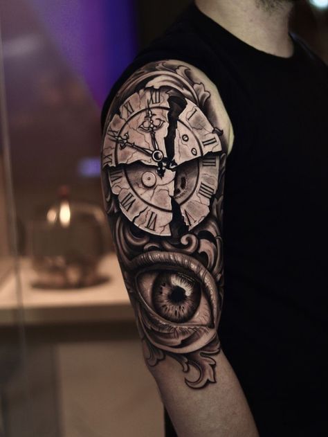 Pisces Tattoo For Men, Clock Face Tattoo, Eye Tattoo On Arm, Uv Ink Tattoos, Clock Tattoo Sleeve, Clock Tattoos, Cool Shoulder Tattoos, Eyes Tattoo