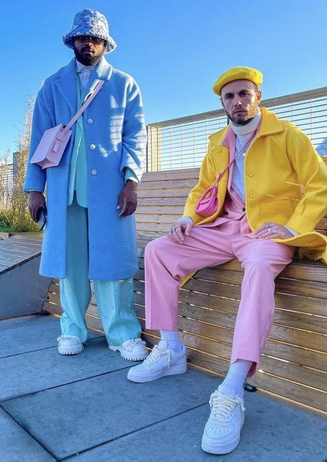 Funky Fashion Outfits Men, Colorful Wedding Outfit Men, Vibrant Outfits Men, Maximalism Fashion Men, Colorful Outfits For Men, Coloured Pants Outfits, Men Fashion Colorful, Colourful Mens Fashion, Pastel Fashion Men