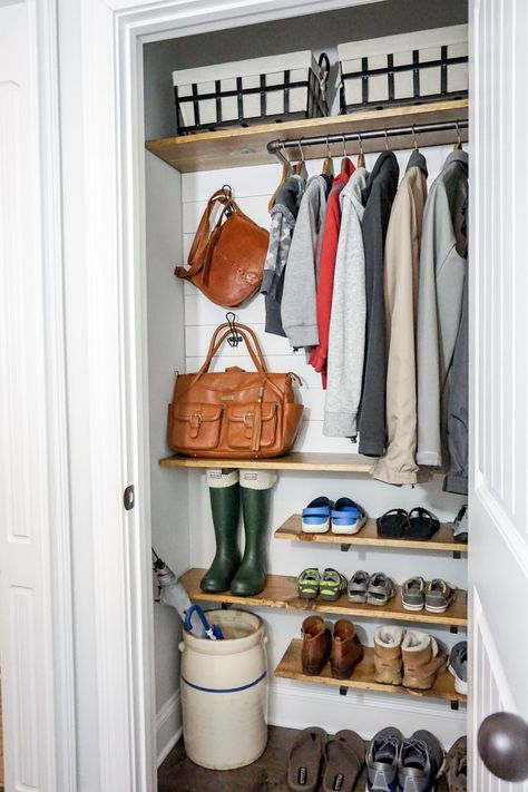 Coat Closet Organization Ideas, Coat Closet Organization Front Entry, Diy Coat Closet, Entry Closet Organization, Coat Closet Makeover, Coat Closet Ideas, Small Coat Closet, Front Hall Closet, Closet Transformation