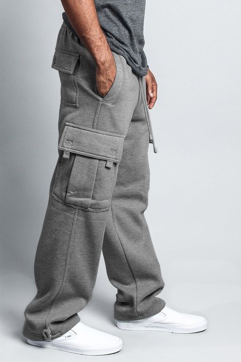 Men's Solid Fleece Heavyweight Cargo Sweat Pants – G-Style USA Overalls And Sweater, Guayabera Shirt, Sweatpants Outfit, Pants Outfit Casual, Baggy Pant, Mens Winter Fashion, Mens Joggers, Fleece Pants, Men's Wardrobe