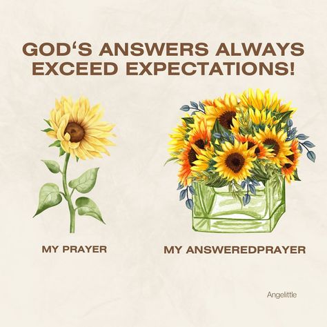 Have you ever noticed how God’s answers to our prayers often exceed our expectations? 🌻 We ask for a single sunflower, and He blesses us with a whole field. His generosity knows no bounds, and His love for us is boundless. When we come to Him with our requests, we can trust that His response will always be more abundant and gracious than we can imagine. So, as you pray, remember that God’s plans for you are grander than your dreams. He delights in surprising you with His goodness. 🌼💛 #J... Come As You Are, God Answering Prayers, Christian Library, Godly Motivation, Lord Quotes, Single Sunflower, God Is Faithful, God Answers Prayers, Goodness Of God