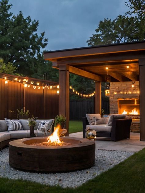 21 Stunning Backyard Patio Designs Ideas with Fire Pit Outdoor Pergola With Fire Pit, Firepits Backyard Gazebo, Backyard Bombfire Ideas, Pergola Over Fire Pit Patio Ideas, Outdoor Patio Ideas Fireplace, Bonfire Patio Ideas, Pergola Patio With Fire Pit, Patio Plans Layout, Suburban Backyard Ideas