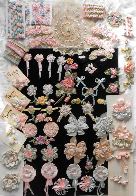 Antique Ribbonwork and lace lingerie pins.  French ribbon work rose trim.  From the flapper era art deco period from the 1920s to 1940s Soul Photo, Flapper Era, Table Garden, French Ribbon, Garden Hacks, Vintage Millinery, Couture Embroidery, Wedding Garden, Ribbon Art