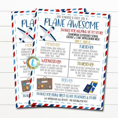 "Travel Theme Teacher Appreciation Week Itinerary Flyer Template. Use this schedule of events for your appreciation week!  Works great for schools, churches, hospitals, businesses and more!  All text is editable so you can use for nurse appreciation, employee/staff appreciation and more! TEMPLATE FORMATTED SIZE: 8.5\" x 11\"  IMPORTANT: This is a DIY self-editing digital, printable product - I do not edit this file for you.  However, I do offer editing services at an extra charge, please reach o Teacher Appreciation Around The World Theme, Teacher Appreciation Week Around The World Theme, Around The World Teacher Appreciation Week, Travel Theme Teacher Appreciation Week, Teacher Appreciation Travel Theme, School Themes For The Year, Teacher Appreciation Week Themes, Airport Theme, Teacher Appreciation Themes