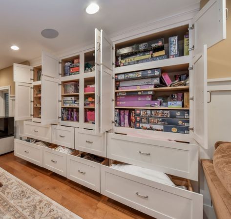 Venice Bedroom, Basement Storage Cabinets, Basement Built Ins, Family Room Storage, Storage For Toys, Small Playroom, Bedroom Built Ins, Living Room Playroom, Bathroom Addition