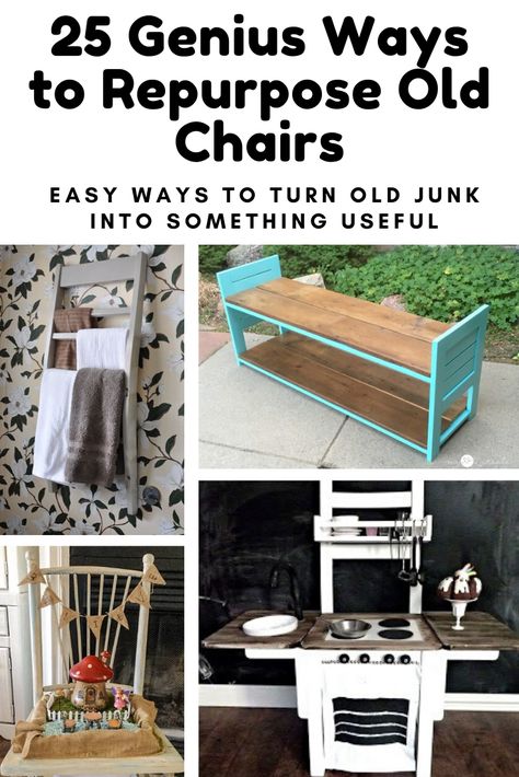 Don't throw out those old chairs! Not until you've seen this list of cool things you can repurpose them into anyway! #diy #repurpose #thrift #fleamarket #upcycle #furniture Wooden Kitchen Chairs, Chic Decor Diy, Old Wooden Chairs, Upcycle Chair, Wooden High Chairs, Upcycle Furniture, Wooden Dining Room Chairs, Chair Design Wooden, Upcycled Furniture Diy