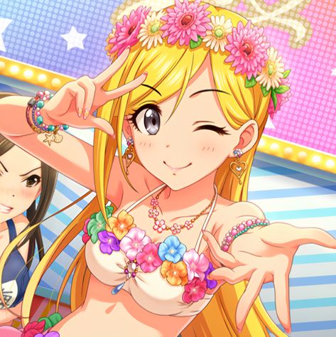 rina fujimoto Summer Gyaru Pfp, Summer Matching Pfp, Rina Fujimoto, Idolmaster Icons, Tropical Core, Anime Blue Hair, Idol Master, Anime Summer, Duos Icons