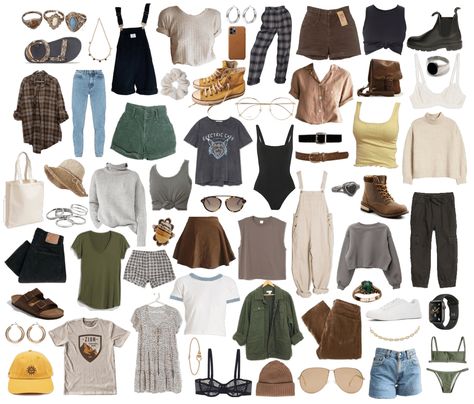 Dream Wardrobe outfit ideas | Simple, granola-inspired, capsule wardrobe Earthy Tones Capsule Wardrobe, Outfits Granola Aesthetic, Boho Grunge Capsule Wardrobe, Modern Granola Outfits, Easy Granola Outfits, Capsule Wardrobe Outdoorsy, Hippy Capsule Wardrobe, Goblincore Capsule Wardrobe, Outfit Ideas Nature Aesthetic