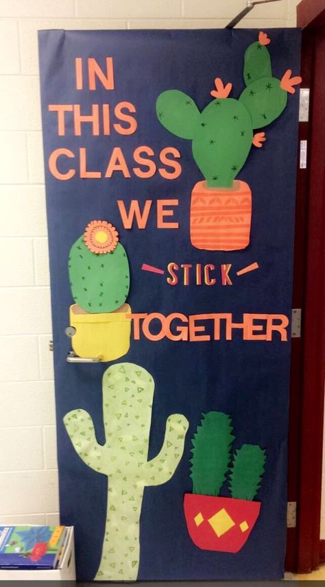 Cactus Theme Classroom Door  “In this class we stick together”  Could say “in this school we stick together” Spring, Summer, or even Fall Classroom Door or Bulletin Board! I made the 🌵 out of green construction paper, along with the pots. I sketched the really big cactus on white bulletin Board paper, cut it out and colored it in Daycare Decorations, White Bulletin Board, Monumental Vbs, Cactus Crafts, Fall Classroom Door, Teacher Door Decorations, Vocational Tasks, Kindergarten Bulletin Boards, Diy Bulletin Board