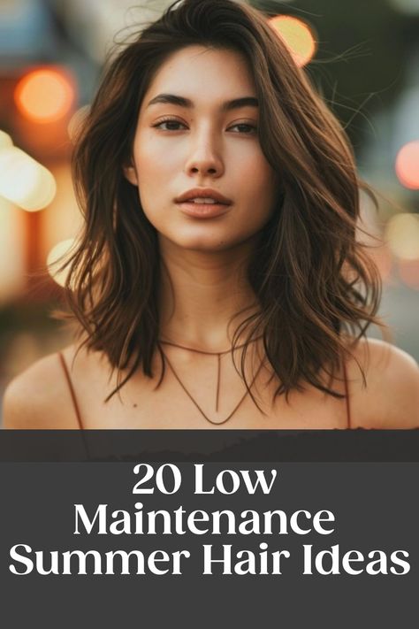 Woman with shoulder-length hair and text: "20 Low Maintenance Summer Hair Ideas". Summer Hair Cuts 24, Trendy Summer Haircuts, Low Maintenance Hair Cuts For Long Hair, Manageable Haircuts For Women, Low Matienence Haircut, Hair Summer 2024 Trends, 2024 Women Haircuts, 2024 Trendy Haircuts, Trending Haircuts 2024