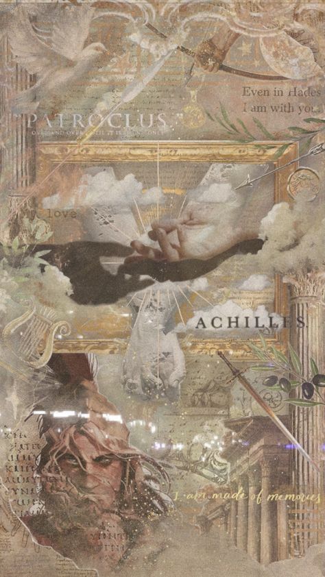 Aesthetic Wallpaper Greek Mythology, Art Books Aesthetic, Titans Greek Mythology, Books Aesthetic Wallpaper, Patroclus And Achilles, Achilles Patroclus, Percy Jackson Wallpaper, Aesthetic Types, Achilles And Patroclus