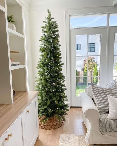 Small Apartment Christmas Tree, Narrow Christmas Tree, Slim Xmas Tree, Tall Christmas Trees, Christmas Tree Decorating Ideas, Tree Decorating Ideas, Slim Christmas Tree, Slim Tree, Minimalist Christmas Tree