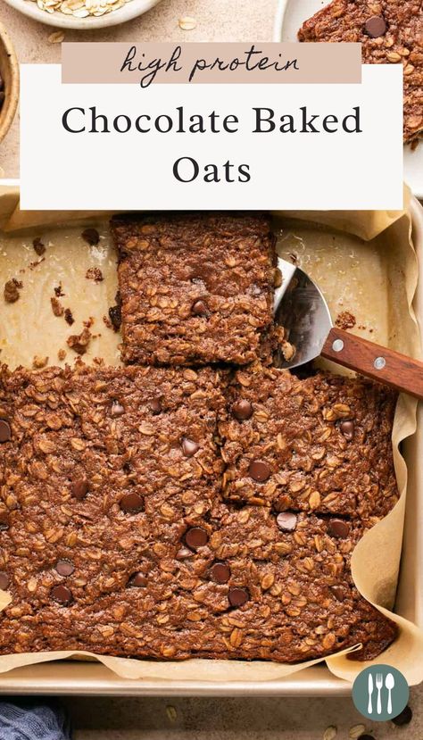 These Chocolate Baked Oats are like breakfast brownies with their rich chocolate flavor. Made with oats, protein powder, almond milk and applesauce, this chocolate oatmeal is a filling and easy breakfast to make ahead of time and have for the week. Macro Friendly Baked Oats, Protein Breakfast Brownies, Protein Brownie Baked Oatmeal, Chocolate Protein Oatmeal Bake, Chocolate Protein Powder Oatmeal, Brownies With Oats, Chocolate Protein Baked Oatmeal, Chocolate Protein Powder Breakfast, Protein Oat Bake