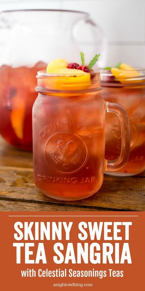 The perfect summer sip, whip up a batch of Skinny Sweet Tea Sangria with Celestial Seasonings Teas! #ad #SweetTea #Sangria Tea And Alcohol Drinks, Alcoholic Drinks Not Sweet, Tea Alcohol Drinks, Alcoholic Tea Drinks, Sweet Sangria Recipes, Tea With Alcohol, Sweet Tea Sangria, Sweet Tea Cocktail, Tea Sangria