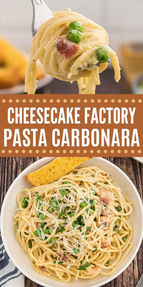 Best Ever Chicken Carbonara, Pasta Carbonara Cheesecake Factory, Cheesecake Factory Pasta, Carbonara Recipe Creamy, Cheesecake Factory Recipe, Bacon Peas, Pasta Food Recipes, Chicken Carbonara Recipe, Pasta Carbonara Recipe