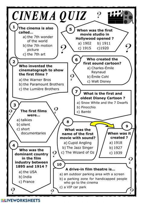 Cinema Quiz - Interactive worksheet Multiply Worksheet, 7th Grade Worksheets, Math Movies, Movie Worksheet, Film Class, Time Worksheets, Film Studies, English Lessons For Kids, Free Math