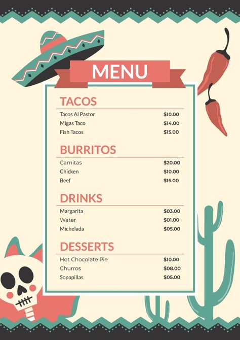 Creative Hand-drawn Mexican Restaurant Menu Taqueria Menu Ideas, Mexico Menu Design, Mexican Menu Design Templates, Mexican Restaurant Menu Ideas, Taco Menu Ideas, Tacos Menu Design, Spanish Menu Design, Taco Menu Design, Spanish Menu Project