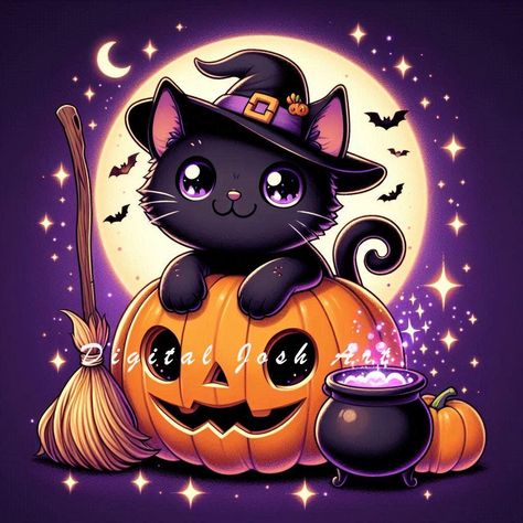 Add a touch of Halloween magic to your space with this adorable illustration of a black cat dressed as a witch, perched atop a glowing jack-o'-lantern. The cat's big, sparkling eyes and charming details, like the witch's hat and broom, give the artwork a cute, whimsical feel. Perfect for cat lovers, Halloween enthusiasts, or anyone who enjoys kawaii art, this digital print will brighten up your home during the spooky season! This high-quality digital download is perfect for: Halloween decor Gift Black Cat With Witch Hat, Cat In Witch Hat, Cat With Witch Hat, Iphone Wallpaper World, Chibi Unicorn, Cat On Pumpkin, Magical Halloween, Adorable Illustration, Chat Kawaii