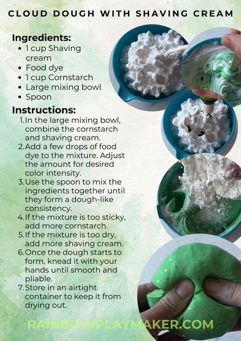 HOW TO MAKE CLOUD DOUGH WITH SHAVING CREAM Shaving Cream Play, Shaving Foam Art, How To Make Shaving Cream, Shaving Cream Dough, How To Make Playdough, How To Make Cloud Dough, Shaving Cream Playdough, Shaving Cream Crafts, Shaving Cream Sensory Play