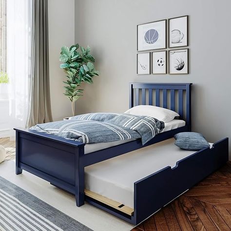 Amazon.com: Max & Lily Twin Bed, Wood Bed Frame with Headboard For Kids with Trundle, Slatted, Blue : Home & Kitchen Full Bed With Trundle, Twin Trundle Bed, Twin Trundle, Bed With Trundle, Slatted Headboard, Kids Beds, Twin Mattress Size, Solid Wood Platform Bed, Wood Bed Frame