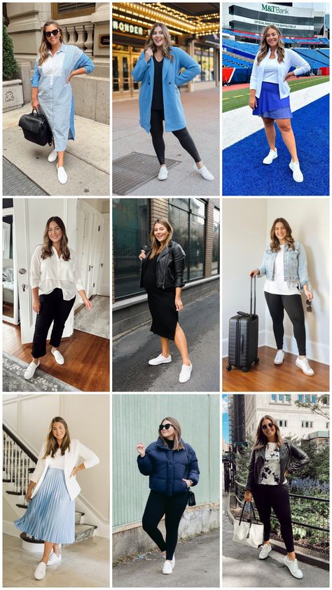 Here’s another love letter to the little white sneaker! For years, they’ve been one of my favorite shoes that carry me throughout seasons and various outfits. These white sneakers were among some of your most loved items of 2023, so I thought it would be fun to share a roundup of inspiration to keep them feeling fresh and show how versatile they really are! In case you missed it, I previously shared more white sneaker favorites and how to keep them clean. Plus Size Outfits With White Sneakers, Plus Size Fashion With Sneakers, White Tennis Shoe Outfits, White Sneakers Outfit Plus Size, Plus Size Casual Outfits With Sneakers, Outfits With White Tennis Shoes, White Shoe Outfits, How To Style White Sneakers, Flat Sneakers Outfit