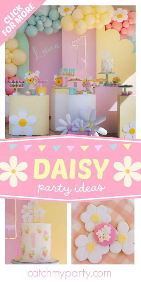 Take a look at this beautiful daisy-themed floral birthday party! The daisy cookies are so pretty! See more party ideas and share yours at CatchMyParty.com Daisy Theme Party Favors, Flower Power Party Food, Daisy Flower Birthday Party Ideas, Daisy Party Ideas, Daisy Party Theme 1st Birthdays, Daisy Party Theme, Daisy Birthday Party Ideas, Daisy Themed Birthday Party, Daisy Cookies