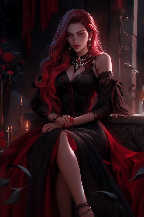 Dhampir Female, Red Hair Female Character Art, Vampire Woman Art, Vampire Art Female, Vampire Red Hair, Female Vampire Art, Vampire Girl Art, Red Hair Vampire, Vampire Female