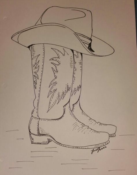 Boots With Hat Drawing, Cool Western Drawings, Country Themed Paintings, Country Sketches Easy, Drawings Of Hats, Cowboy Drawings Easy, Cowboy Boots With Flowers Drawing, Cowboy Drawing Ideas, Western Art Sketches