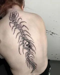 Tattoo Ideas Centipede, Centipede Neck Tattoo, Human Centipede Tattoo, Top Scar Tattoos, Two Sided Tattoo, Centepide Tattoo Arm, Centapeid Tattoo Design, Top Surgery Tattoo Ideas, Centipede Back Tattoo