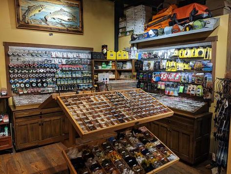 Bait And Tackle Shop Ideas, Fishing Tackle Room, Fishing Man Cave, Fly Fishing Bag, Fishing Organization, Bait Shop, Fish Store, Fly Tying Desk, Hunting Shop