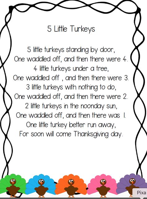 Poems For Preschool, Five Little Turkeys, Turkey Poem, Turkey Songs, Thanksgiving Activities For Kindergarten, Thanksgiving Poems, Thanksgiving Activities Preschool, Thanksgiving Songs, Thanksgiving Lessons