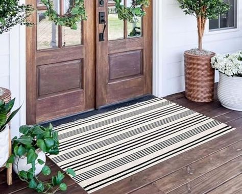 Black and White Striped Rug 24'' x 51''Outdoor Front Porch Rug Hand-Woven Machine Washable Indoor/Outdoor Layered Door Mats for Entryway/Bedroom/Outdoor Black And White Striped Rug, Layered Door Mats, Layered Doormat, Striped Outdoor Rug, Front Porch Rug, Front Door Rugs, Door Mat Entryway, Porch Rug, Front Steps