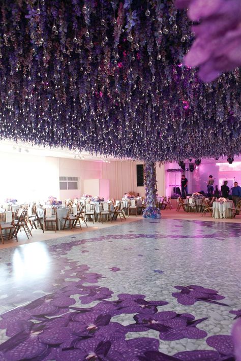 Hanging Purple Flowers Over Dance Floor    Photography: Sheri Whitko Photography   Read More:  http://www.insideweddings.com/weddings/whimsical-garden-themed-wedding-concept-in-shades-of-purple-blue/791/ Hanging Purple Flowers, Floral Dance Floor, Reception Ceiling, Floor Photography, Violet Wedding, Inside Weddings, Wedding Concept, Dance Floor Wedding, Jewel Tone Wedding