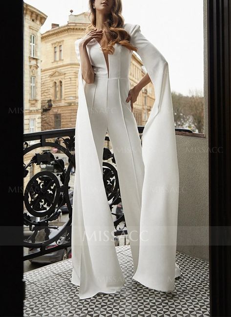 Jumpsuit/Pantsuit V-neck Long Sleeves Elegant Satin Wedding Dresses White Outfit Graduation, White Outfits For Women, Wedding Jumpsuit, Jumpsuit Elegant, Wedding Dress Fabrics, Wedding Dresses Satin, Satin Wedding, Online Wedding Dress, Party Gowns