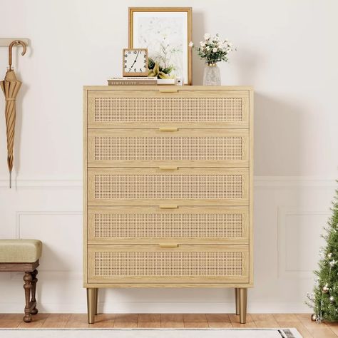 Rattan 5 Drawer Dresser, 44'' Tall Narrow Chest Of Drawer : Target Farmhouse Chest Of Drawers, Narrow Chest Of Drawers, Rattan Dresser, Living Room Natural, Large Dresser, Chest Of Drawer, Natural Living Room, Dresser For Bedroom, 5 Drawer Dresser