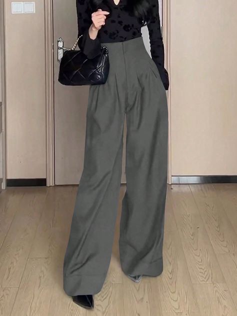 SHEIN Privé Women's Solid Color Casual Wide Leg Pants With PocketsI discovered amazing products on SHEIN.com, come check them out! Slacks Outfit, Casual Wide Leg Pants, Pants With Pockets, Women Pants, Leg Pants, Women Clothing, Wide Leg Pants, Woven Fabric, Wide Leg