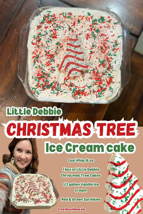 Any Little Debbie Christmas Tree Cake lovers out there? If so, you have to make this ice cream cake you will not regret it! Hands down a favorite for all in our household! Super simple to make and looks like you spent so much time putting it together. Perfect for holiday gatherings! #CrazyBusyMama #Christmas Little Debbie Christmas Tree Ice Cream Cake, Christmas Tree Cake Milkshake, Holiday Ice Cream Cake, Little Debbie Christmas Cake Recipes, Christmas Tree Cake Dessert Ideas, Little Debbie Christmas Tree Cakes Trifle, Little Debbie Christmas Cake Balls, Christmas Tree Cake Recipe Ideas, Peppermint Ice Cream Cake