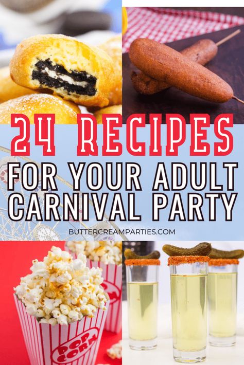 Adults can have a carnival themed party, too! Find the best food, decor, invitations, cocktails, and even an itinerary so your party will be memorable forever. Carnival Dinner Party, Food For Carnival Themed Party, Circus Theme Appetizers, Circus Theme Party Food Snacks, Diy Carnival Food, Carnival Theme Pool Party, Halloween Carnival Food Ideas, Creepy Carnival Food Ideas, Elevated Carnival Food