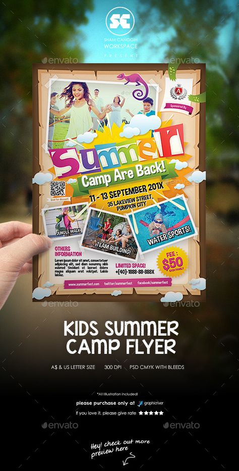 Flyer templates designed exclusively for summer camps, event, sports, school activities, family day, community or any of use. Easy to edit the text. if you familiar with photoshop tools, you also can change color using layer option such as gradient/colour ov Camp Flyer, Kids Summer Camp, Summer Camps For Kids, Flyer Design Inspiration, Flyer Poster, Event Flyer, Camping With Kids, Party Flyer, Cool Fonts