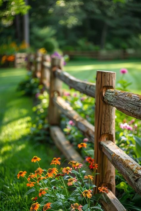 Split Rail Fence Landscaping Ideas for Your Yard Log Cabin Fence Ideas, Split Rail Fence With Gate, Split Rail Fence Ideas Landscaping, Farm Fence Ideas Country Life, Rustic Fence Ideas Country Living, Garage Landscaping Ideas, Split Rail Fence Landscaping, Farm Landscaping Ideas, Log Fence Ideas