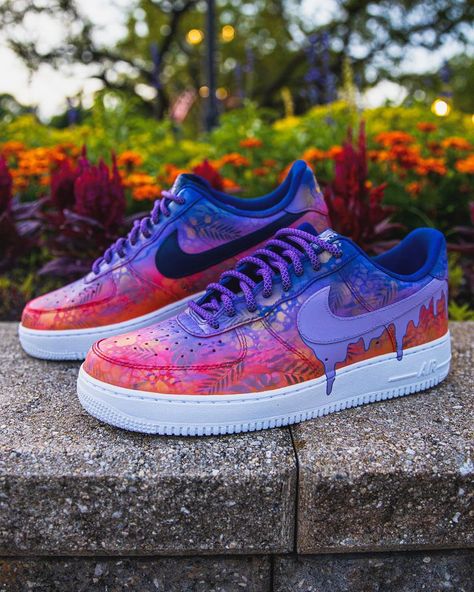 1,967 Likes, 63 Comments - Dillon DeJesus, Sneaker Artist (@dejesuscustomfootwear) on Instagram: “Some summer night vibes for these Tropical Sunset Air Force 1’s 🌴. Always enjoy playing with this…” Summer Night Vibes, Custom Forces, Cool Slides, Painted Sneakers, Tropical Sunset, Cute Nike Shoes, Fresh Shoes, Night Vibes, Cute Nikes