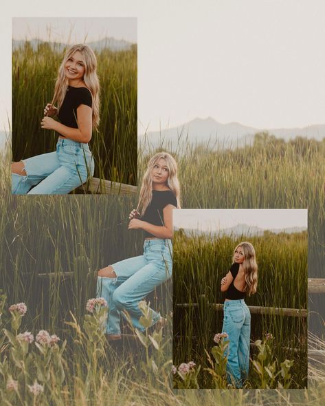 Senior photos for the beautiful @jaedyn_symons 🌞🫐🥝 pt.1 Senior Picture Ideas Jeans And Top, Prompts For Senior Photos, Senior Standing Poses, Senior Picture Ideas Unique Photo Shoot, Senior Photo Posing, Grain Bin Senior Pictures, Fall Senior Photos Outfits, Senior Spotlight Ideas Instagram, Fall Mountain Senior Pictures