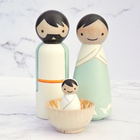 Peg Doll Nativity Mint & Orange Full Sized 14 Pieces - Etsy United Arab Emirates Mary And Joseph Peg Dolls, Peg Doll Nativity Set, Peg Nativity Set, Peg Dolls Nativity, Peg Doll Hair, How To Paint Peg Dolls, Diy Peg Dolls, Christmas Peg Dolls, Peg Doll Christmas