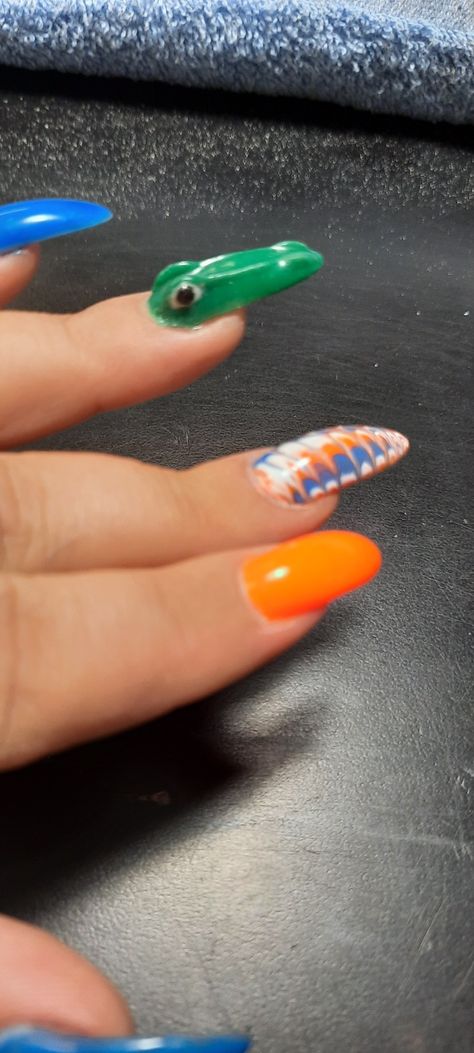 Acrylic sculpted gator head Florida Gator Nails Designs, Florida Gator Nails, Gator Nails, Uf Gator, Graduation Nails, Tell A Story, Pedicures, Nail Inspiration, Nails Makeup