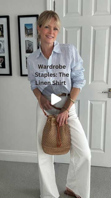 Claire Lopez on Instagram: "The linen shirt …  It’s a spring/summer staple for good reason because you can do a lot with it - from wearing to work, dressing down with denim, on the beach with shorts or as a cover up, worn with dresses and skirts in lots of ways whether you wear open, tuck or tie ….  Here’s over 10 different looks for you to use as inspo 📌📌  Head to stories for links which will also be saved in my May highlight   White and pink linen shirts @uniqloeurope  Stripe shirt @arketofficial   All bags and hats @ameliaroseaccessories  Belt @lovepinkroseuk  Jewellery @clea_silk  all linked in my May highlight   White jeans @zara marine  Black trs old @hm Cream trs @abercrombie  Light blue denim old @agjeans  Mid blue @sezane  Shorts both old @hm @mango  Leopard skirt old @hm  Slip White Marine Jeans Outfit, Stripe Linen Shirt Outfit, Blue White Striped Shirt Outfit, Sezane Shorts, White Linen Shirt Outfit, Linen Shirt Outfit Women, White Striped Shirt Outfit, Linen Shirt Outfit, Outfits With Striped Shirts