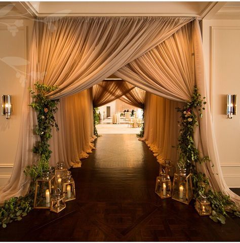 Draped grand entrance to your reception Backdrop Inspiration, Draping Ideas, Wedding Reception Entrance, Wedding Reception Hall, Reception Entrance, Reception Backdrop, Wedding Reception Backdrop, Wedding Ceremony Ideas, Indoor Reception